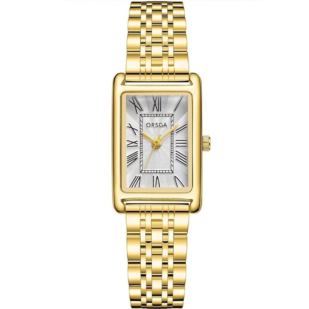 ORSGA Tank Watch Women OS Gold NEW Roman Numeral Guilloche Dial Link Bracelet